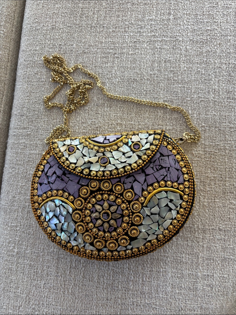 Purple and Gold Mosaic Ramla Crossbody Bag with Chain Strap